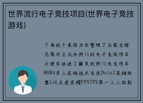 世界流行电子竞技项目(世界电子竞技游戏)